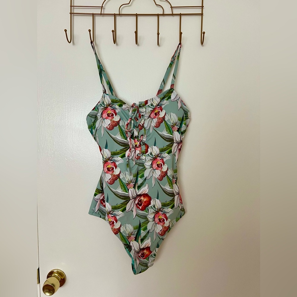 Floral One-Piece Swimsuit – Green with Tropical Orchid Print